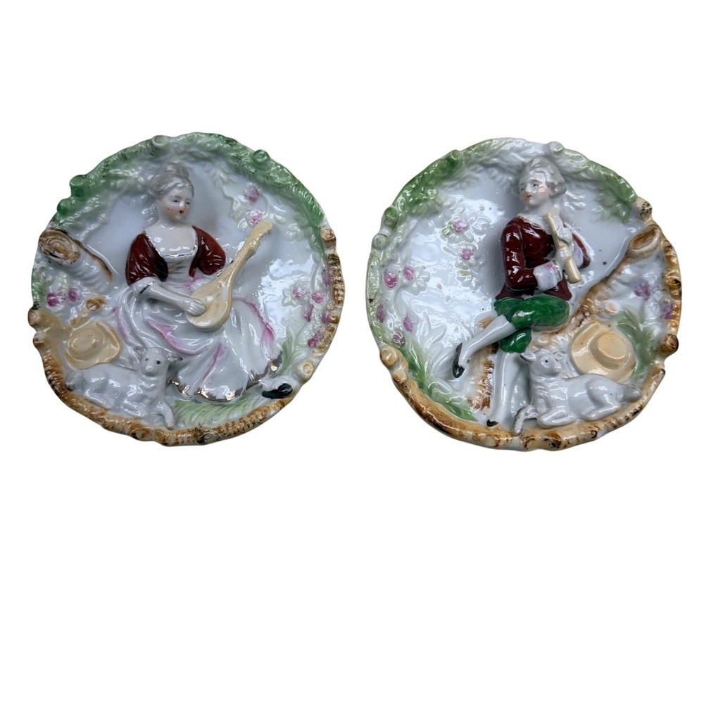 Vintage Porcelain 3D Relief Wall Plaques Set 2 6" Multicolor Pastoral Figures